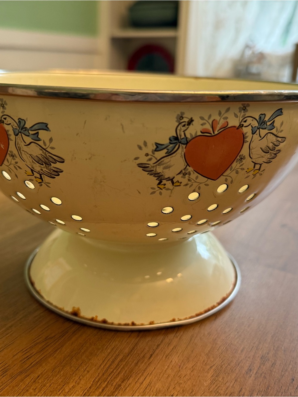 Vtg 80s Country Geese Marmalade Enamel Footed Colander Cottagecore Farmhouse